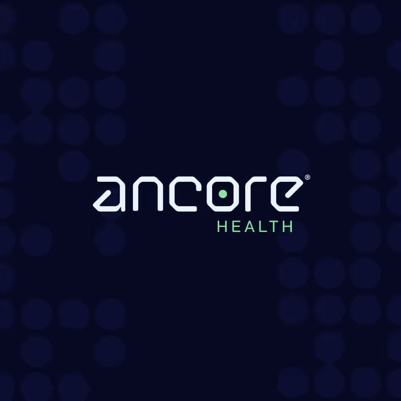 Ancore Health company logo with modern white and green text on a dark blue background.