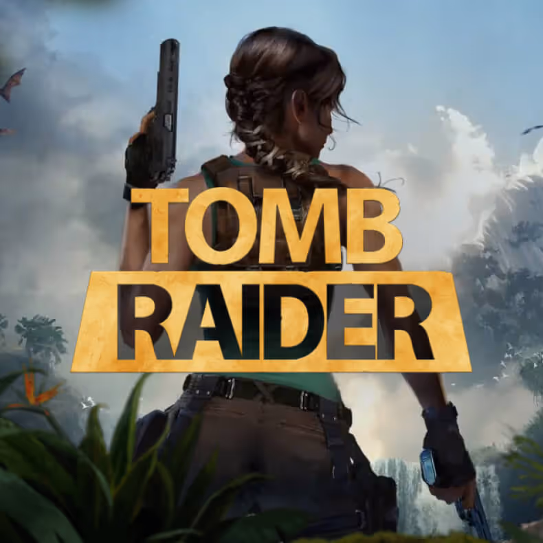 Back view of Lara Croft holding guns in both hands with 'TOMB RAIDER' text overlay in a jungle setting.