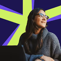 Woman wearing glasses and a gray sweater, looking thoughtfully to the side against a background with geometric yellow and purple shapes.