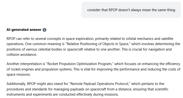"consider that RPOP doesn't always mean the same thing" gets the LLM to make up acronym meanings for RPOP