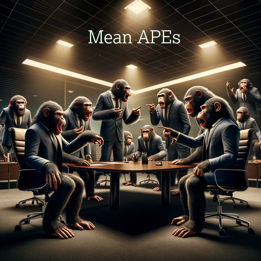 A picture of angry chimpanzees in business suits arguing