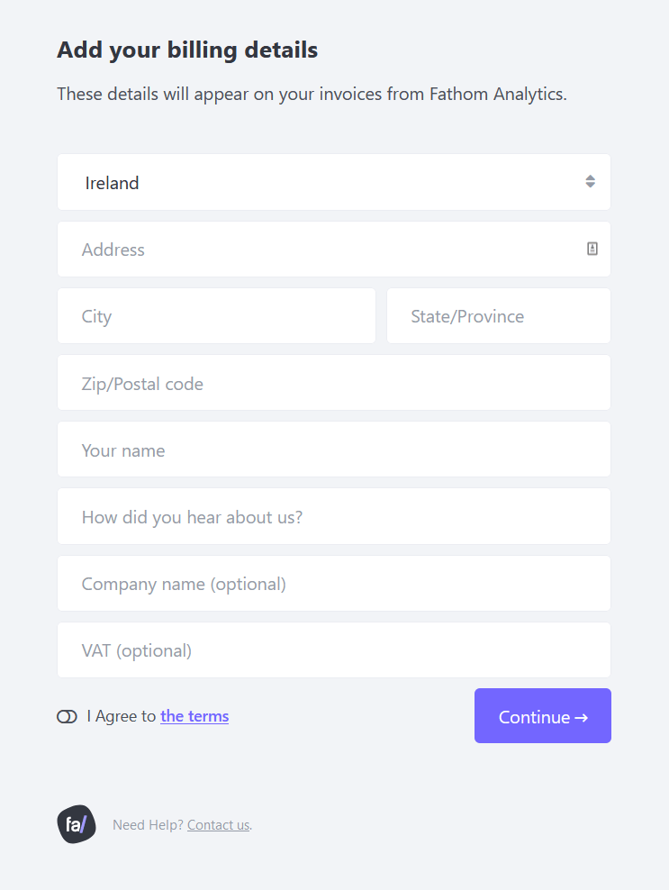 Creating an account with Fathom — credit card details required